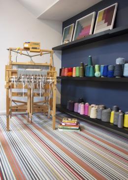 Margo Selby Make Me A Rug: Margo Selby Stripe Frolic Westbrook (1921) with Stripes Thick Borders Black (6203) outer and Cotton Borders Pink (1030) inner border (Double piping) lifestyle shot 3