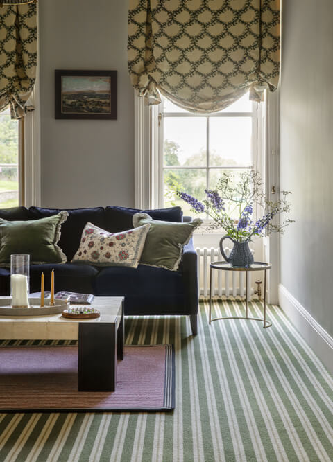 Alternative Flooring, Autumn Trend Watch 2025, Wool Candy striped carpets, Wool Candy Pinwheel Apple with a Wool Candy Cane Floss bespoke rug