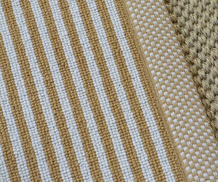 Alternative Flooring, Autumn Trend Watch 2025, Wool Candy striped carpets, Wool Candy Cane Sorbet Stripe Rug with a Chequers Attlee Patterned Border Fabric