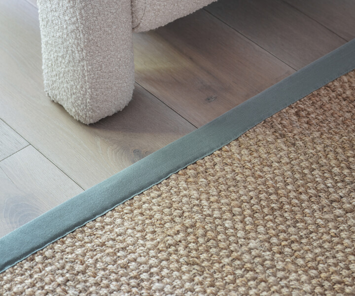 Alternative Flooring, Summer Trends 2025, Jute Panama Flapjack Rug with Cotton Pea Green Border